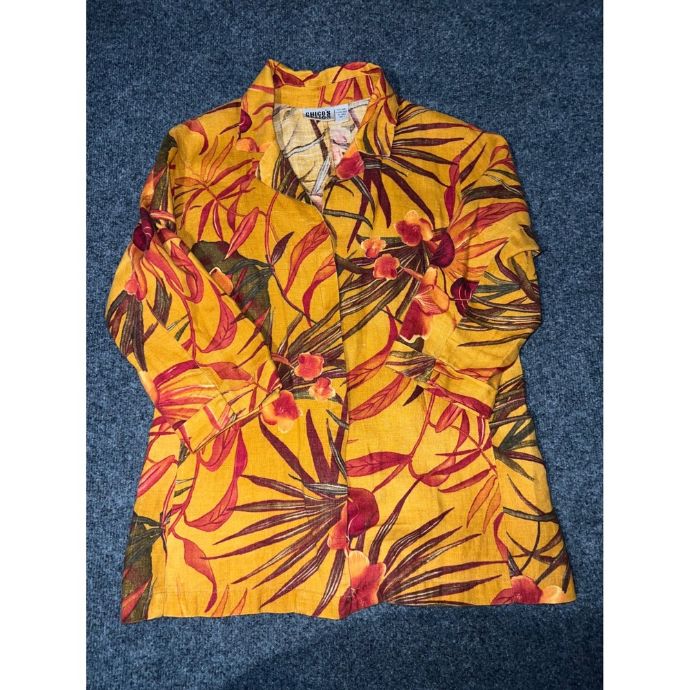 Vintage Chicos Design 100% Linen Tropical Floral Button Down Shirt Yellow Size 1